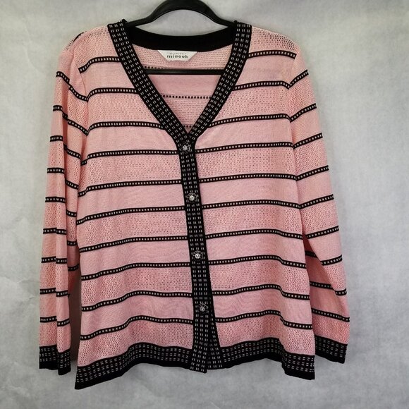 Misook Cardigan Women's L Ribbed Mesh Long Sleeve Button Front Pink Black Stripe - Picture 1 of 12